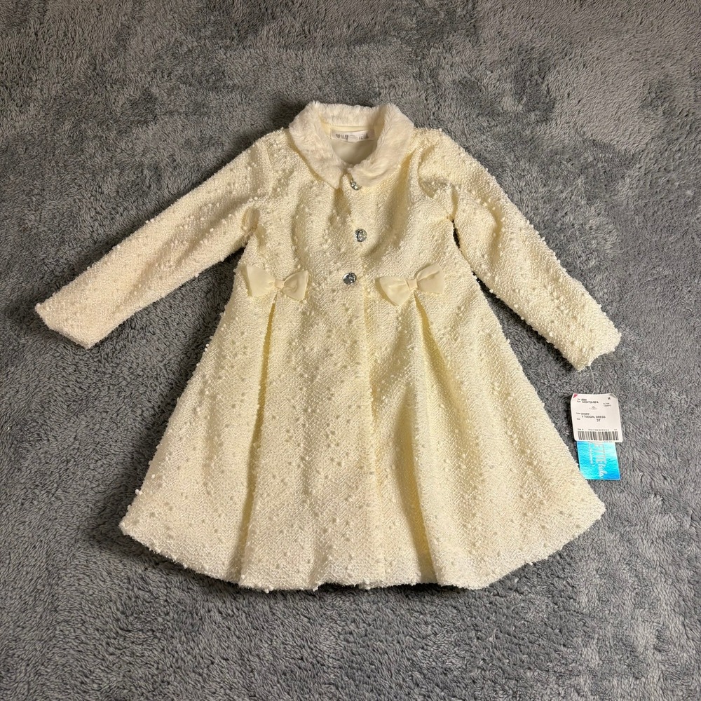 Nannette Kids Ivory Tweed Faux Fur Collar Dress Toddler 3T GCDV736-MFA NWT